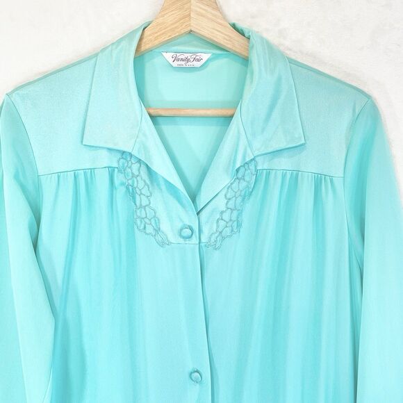 Vintage Vanity Fair Sz 34 Button Down Robe Nightgown Nylon Silky Teal Applique - Picture 2 of 9